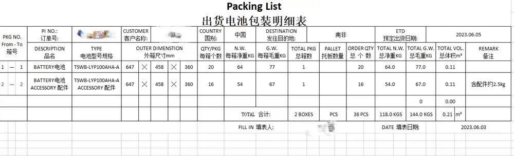 Battery Paking List