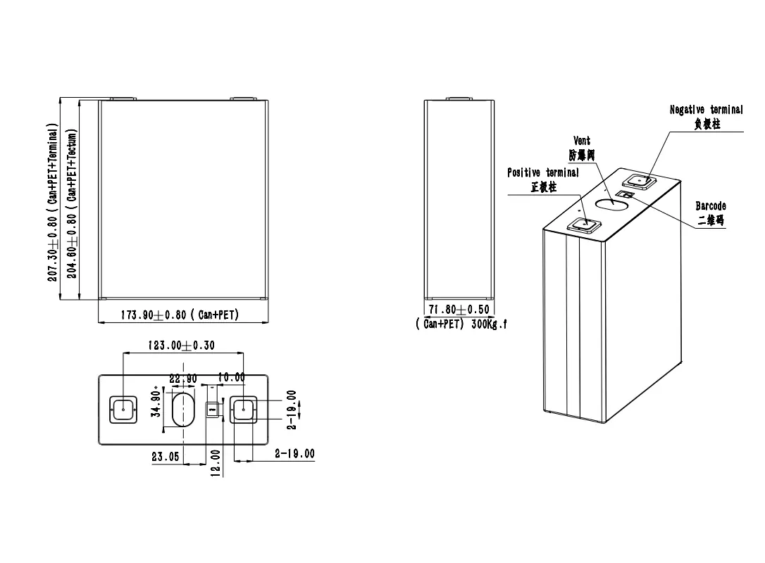 dimension of ganfeng 280ah lifepo4 battery cell