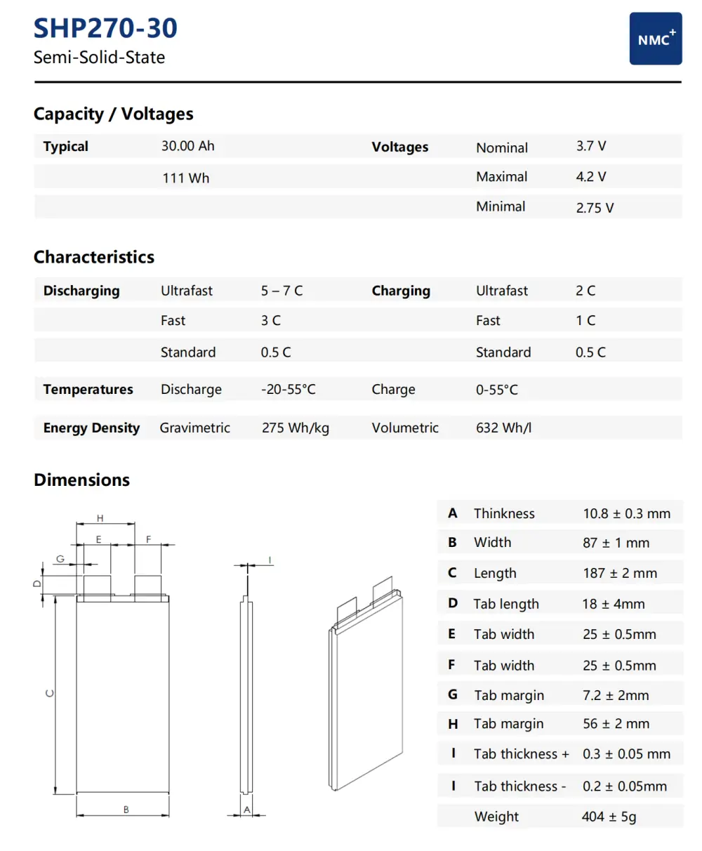 specification of SHP270-30 3.7V30Ah solid-state lithium-ion battery