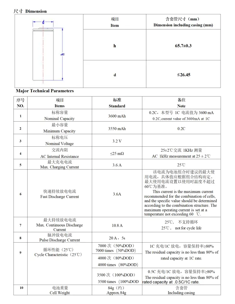 26650 3.2V 3600mAh